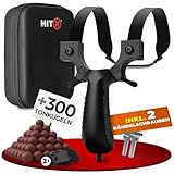 HITX® Zwille Steinschleuder Bundle Set | Super Grip Oberfläche | Slingshot Schleuder mit Gummiband | Einfache Clip-Anbindung | Sportgerät im Bundle Set mit Ersatzgummi + 300 Tonkugeln