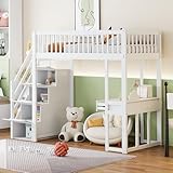 WIZBED Hochbett mit Schreibtisch und Stauraum Treppe 90x200, Etagenbett mit Lattenrost & Rausfallschutz, Kinderbett Bettgestell Einzelbett Funktionsbett,Weiß,ohne Matratze