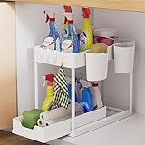 AIXPI Küchen Organizer 2 Etagen, Unter Waschbecken Regal mit Haken und Tasse Gewürzregal Spülschrank Organizer Küchenregal Schrank Organizer für Badezimmer Küche Weiss