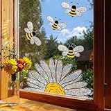 BelleVive 5 Stück Fensteraufkleber mit Frühlings- und Sommermotiven, Bienen und Sonnenblumen, doppelseitige Glasaufkleber, glänzende Fensteraufkleber in Regenbogen-Prismaform