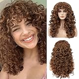FLUFYMOOZ curly wig with bangs Lockige Perücke mit Pony für Damen, Lange Lockenperücke 50 cm Locken mit dünnem Pony Hitzebeständige Weiche Synthetikperücke für Damen (Helles Schokoladenbraun)