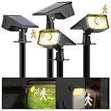 FLOWood Solarlampen für Außen mit Bewegungsmelder, 3000k Warmweiß Solar Strahler 4 Stück, 60 LED Gartenstrahler 2 Modi, IP65 Wasserdicht Gartenleuchten für Garten, Hof, Gehweg