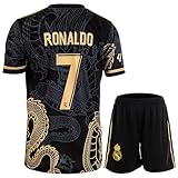 Mikalay Madrid Ronaldo #7 Retro Black Dragon Limitierte Sonderedition Seltenes Fußball Kinder Trikot Shorts Set Jugendgrößen (Schwarz,140)