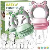 Fruchtsauger Baby ab 3 Monate- 2 Stück Zahnungshilfe + 6 Ersatz-Sauger in 3 Größen, Hygienischem Silikon, Sicher & BPA-frei, Beikost Baby Zubehör Sachen für Obst, Gemüse, Brei Beikost