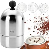 CILIO Kakaostreuer für Cappuccino, Schokostreuer für Milchschaum, Kakao Streuer Set mit 3 Barista Schablonen (Herz, Smiley, Stern Schablone) , Kaffee Topping dekorieren, Schoko Deko Latte Macchiato
