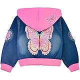 Peacolate Mädchen Jeansjacke Stickerei Pailletten Schmetterling Mäntel mit Reißverschluss und Kapuze Frühling Herbst Denim Oberbekleidung für 3-10Jahre Kinder(3-4Jahre)