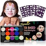 Kinderschminke, Körperfarben Set, Schminkfarben Kinder, Gesichtsfarben Kinder, Weihnachtsdekoration, 2 Pinsel, 15 Farben, 2 Tattoo Vorlagen, für Kinder geeignet, Schminkset für Halloween und Fasching