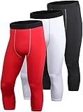 EAONLFP Herren-Kompressionshose, 3/4-Kompressionshose, athletisch, Basketball-Leggings, Strumpfhose, kühl, trocken, Capri-Active-Gym mit Taschen, Rot + Weiß + Schwarz, Klein