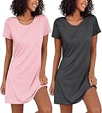 Ekouaer Nachthemd Damen Zweiteiliger Sleepshirt Kurzarm Nachtwäsche Schlafhemd Leicht Schlafshirt 2er Pack, Grau+Rosa, L