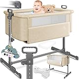 KESSER® Zustellbett Hubi 3in1 Baby Beistellbett Reisebett Babybett mit weich Matratze, mit Rollen Kinderbett, 5-Fach Höhenverstellung, Faltbare Seitenwand für Zuhause und Unterwegs, Beige