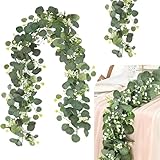 2 Stück Künstliche Girlanden Eukalyptus180cm mit Weidenblättern Grüne Blätter Weiße Blume Girlande Eukalyptus Deko Künstliche Pflanze Hängepflanze für Hochzeitsstrauß, Blume, Heimdekoration