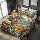 Generisch Bettwäsche Blumen 135x200, Tropisch Hawaii Floral Motiv Wendebettwäsche & Deko, Weiche Microfaser Bettbezug mit Reißverschluss und 1 Kissenbezug 80x80, 2tlg - ASD6314