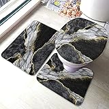 Fussmatten Japanisches Kintsugi-Marmormosaik, Schwarz-Weiß-Goldene Adern Toilette Fußmatten rutschfest Sauberlaufmatte Für Badematte + Kontur + Toilettendeckelbezug 3 Piece Set