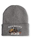 tshirtladen Mütze mit Stick Mach Dich vom Acker Beanie Spruchmütze Strickmütze Wintermütze, Farbe: Grau