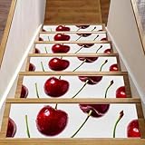 CHENZZZZ Stufenmatten für Holzstufen, 15 Stück, zum Abziehen und Aufkleben, waschbar, 76,2 x 20,3 cm, Rot mit Kirschmuster (2)