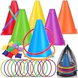 EOGRFW 31 Stück Ringwurfspiel Kinder Draußen,3 in 1 Kinderparty Wurfspiel,Outdoor Spiele für Kinder,Gartenspielzeug Kinder,Ringwurfspiel-Set mit Kegel & Sandsäcke,für Kinder Spiele Garten Party
