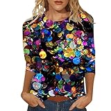 Damen-T-Shirt, dünn, lässig, Rundhalsausschnitt, Ärmel, Pailletten-Druck, bequemes Oberteil(Grün,XL)