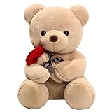 Teddybär Plüsch, 23cm Teddybär mit Rose, Stofftier Spielzeug Dekozimmer Kissen für Weihnachten, Valentinstag, Geburtstag Heimdekoration (23cm, Braun)