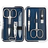 DREI SCHWERTER - Germany 6-tlg. Maniküreset 'Genova' | Nagelpflegeset in Textiletui Jeans Blau | Inhalt: Nagelschere, Hautschere, Nagelknipser, Glasnagelfeile, Pinzette, Saphirnagelfeile