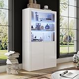 Merax Vitrinenschrank mit LED Beleuchtung, Hochschrank Hochglanz Weiß mit 2 Türen und 2 Glasböden, Bücherschrank Küchenschrank Standschrank, Mehrzweckschrank für Wohnzimmer Schlafzimmer Büro, 170cm