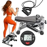 PORTENTUM Mini Stepper für Zuhause mit Widerstandsbändern und LCD-Display 5 Funktionen — Stairmaster 2-in-1 für Beine und Arme — Intensität einstellbar — Treppensteiger Fitnessgerät kompakt verstaubar