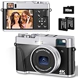 CAMKORY Digitalkamera 4K 48MP Fotokamera Autofokus Optischer Sucher Kamera Kompaktkamera Fotoapparat Digitalkamera Klein Einfache Bedienung 16X Zoom Blitz 2 Akku Anfänger Schwarz