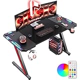 Homall Gaming-Schreibtisch mit LED-Lichtern, 120 x 60 cm, RGB-Gaming-Tisch, Z-Form, großer Computertisch mit Kopfhörerhaken und Getränkehalter, Gamer-Tisch für Heimbüro, Schwarz