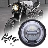 JMTBNO 6.5' Motorrad LED Frontscheinwerfer Schwarz 12V Universal Scheinwerfer Gelbe Halo Lauflicht mit Halterung Kompatibel mit Honda Yamaha Suzuki Harley Cruiser Bobber Chopper Cafe Racer Retro