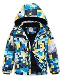 UMMTOM Wasserdichte Skijacke für Jungen, mit Fleece gefüttert, warm, Winterjacke mit Kapuze, Winterjacke für Kinder (blau kariert, Größe 11–12)