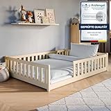 Kinderbett Bodenbett 140x200 cm Bett mit Rausfallschutz & Lattenrost Montessori Bett Bed Gitterbett Kinder Jugendbett Einzelbett optional mit Matratze | Natur Kiefer Holz massiv Junge Mädchen