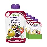 FRECHE FREUNDE Bio Quetschie Apfel, Birne und Passionsfrucht, Fruchtmus im Quetschbeutel für Babys ab 1. Jahr, glutenfrei und vegan, 6er Pack (6 x100 g)