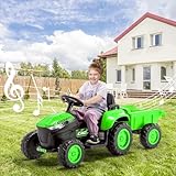 EROMMY Elektrischer Traktor mit abnehmbarem Anhänger,12V 3-Gang Kinder Aufsitztraktor mit Fernbedienung,Kinder Elektroauto mit LED Lichtern, Musik, Hupe & USB,3-7KM/H,für Kinder ab 3 Jahren (Grün)