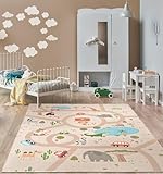the carpet Happy Life Kinderzimmer, Kinderteppich, Spielteppich, Straßenteppich, Straße, Dschungel, Tiere, Auto, Beige-2, 120 x 160 cm