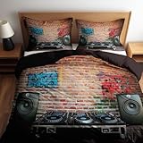 Braun Bettwäschezug Set 240 x 220 cm, Abstrakte Ziegelwand Graffiti Dj Bettbezug Set, Leichtgewichtig Bedruckte Betten Set mit Reißverschluss Frauen Mädchen Weich Bettwäsche