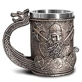 Nordisches Wikingerschiff Draon Drakkar Bierkrug Edelstahleinsatz, bronzefarbene Wikingerkrieger Kaffeetasse Stein für Sammlergeschenk 550 ml