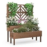 RELAX4LIFE Blumenkasten mit Rankgitter, 2 Etagen Hochbeet mit Spalier, Pflanzkasten mit Gartenspalier für Kletterpflanzen, Rankkasten Holz, Blumenbeet für Balkon Terrasse, 109 × 62 × 135 cm (Braun)