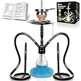 Cookah Shisha Set mit 2 Schlauche + 2 Anschlüssen + 2 Mundstück, Alu Wasserpfeife Komplettset inkl. Closed Chamber, Tonkopf, Kopfadapter mit 18/8 Schliff, Kohlezange, Edelstahl Tauchrohr, Schwarz