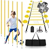 BJNCDIO Slalomstangen Fussball Trainingszubehör mit 6 Slalom Poles, Koordinationsleiter 6m, 12 Hütchen, Springseil und Resistance Fallschirm, Fußball Trainingsset für Koordinationstraining (Gelb)
