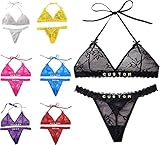 Koralpop 2 Stück Personalisierter String Tanga BH-Set - Damen Unterwäsche mit Wunschname, handgenähte Buchstaben aus goldenen oder silbernen Strasssteinen – Geschenk für Sie