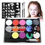 URAQT Kinderschminke Set, 15 Farben Schminkfarben Schminkpalette, Waschbar Face Paint Bodypaint Schminkset, Körperfarbe Kinder mit 2 Pinsel und 32 Tattoos für Halloween Karneval Make-up Fasching