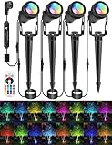 ECOWHO RGB Gartenstrahler mit Fernbedienung und Timer, IP65 Wasserdichte Gartenbeleuchtung mit Strom, 15M RGB Gartenleuchte mit Erdspieß für Garten, Bäume, Wege, Party Teich (4er-Set)