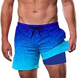 IDGREATIM Badeshorts Herren Kompressionsfutter Blumen Druck Badehose Strand Shorts Schwimmen Beiläufige mit Einstellbare Kordelzug Bermuda Shorts Herren Farbverlauf Blau L