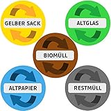 Aufkleber Mülltonne für Mülltrennung (5er Set - 9,5cm - Rund) - Alle wichtigen Motive (Gelber Sack, Altglas, Altpapier, Restmüll, Biomüll) - UV-Schutz für Innen und Außen - Vorgestanzt