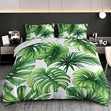 Mikrofaser Bettbezug Weich Atmungsaktiv Bettwäsche-Sets 180x200 cm Tropisches BläTtermuster Bettbezüge mit Reißverschluss Waschbar Farbecht GrüN Bettwäsche Set für Kinder Erwachsene