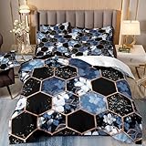 Wazylphin Bettdecke 135x200 Blaue Blume Schwarz Steppdecke Daunendecke 135x200 Mikrofaser Duvet Atmungsaktiv Bettdecken Weich Bettbezug mit Reißverschluss Bett Decke+2 Kissenbezug 80x80