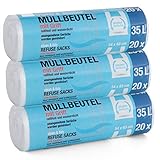 60 Stück Müllbeutel Premiumline: 35 Liter, 3er Pack, Größe: 54 x 63 cm - Besonders reißfest und wasserdicht - Mit Trage-Griff/Henkel