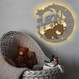 Personalisierbares Nachtlicht Bär auf Mond aus Holz | Kinderzimmer Lampe mit Name | Warmweiß oder RGB LED mit Fernbedienung | HDF und Pappelsperrholz Deko für Babyzimmer & Geschenk Geburt