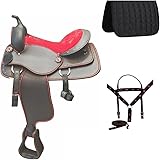 Synthetisches Western-Rennfass Trail Equestrian Full Tack Set Komfort Sattel Pferd geringes Gewicht alles Zubehör enthalten Größe 38,1 cm Sitz erhältlich (15, Rot)