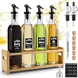 FNLLC Ölflasche mit Holzständern 500ml,4pcs Glasflaschen,Olivenöl spender mit Trichter,Essig und Ölflaschen set,Lebensmittelechtem Bleifreiem Glas mit Etikette,Korken,für Liköre und Essige