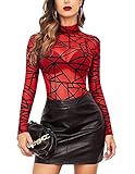 Avidlove Damen Body Sexy Bodysuit Elegant Mesh Top Langarm Formende Bodys Rollkragen Oberteil Dessous Babydoll Rot M